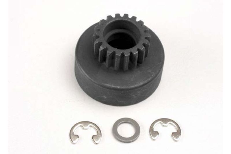 Clutch bell, (18-tooth)/ 5x8x0.5mm fiber washer (2)/ 5mm E-clip (requires #4609 - ball bearings, 5x1