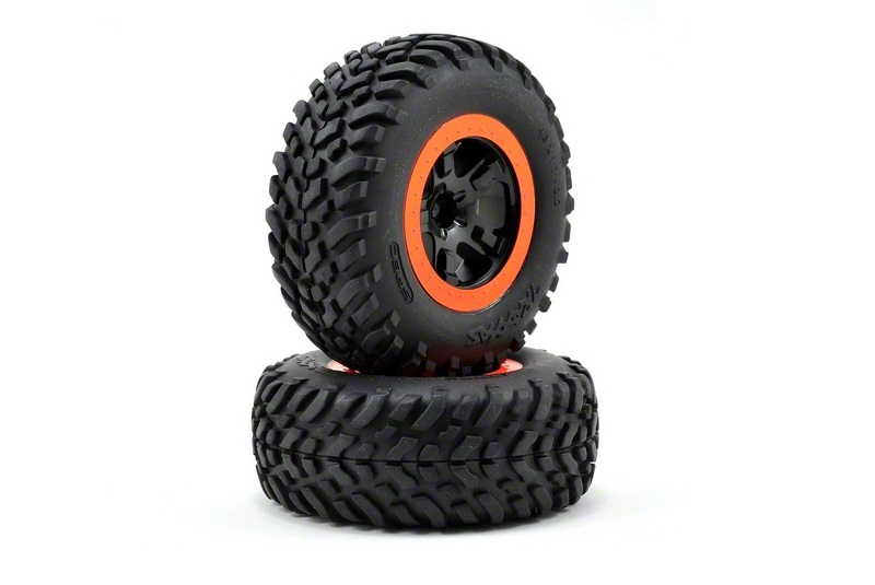 Tire &amp; wheel assy, glued (SCT black, orange beadlock wheels, SCT off-road racing tires, foam ins