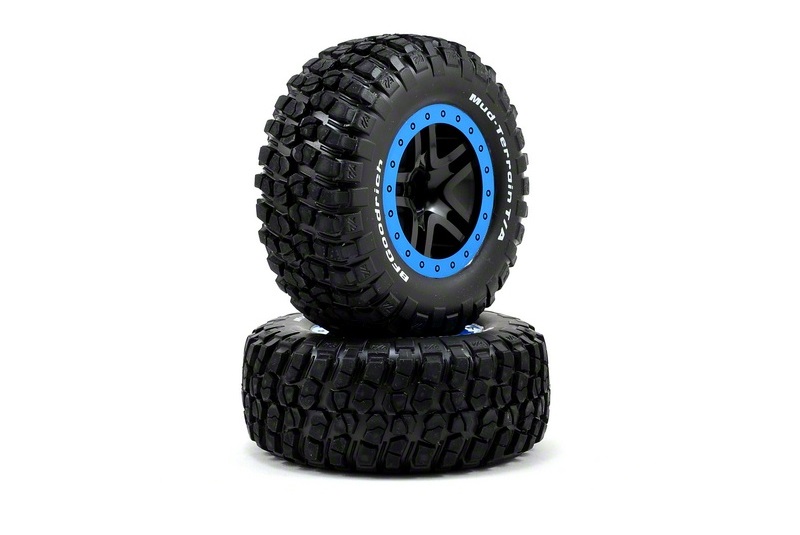 Tire &amp; wheel assy, glued (SCT Split-Spoke, black, blue beadlock wheels, BFGoodrich® Mud-Terrain™