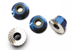 Nuts, aluminum, flanged, serrated (4mm) (blue-anodized) (4)