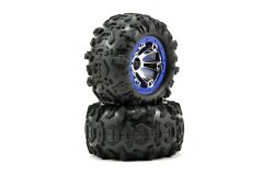 Tires and wheels, assembled, glued (Geode chrome, blue beadlock style wheels, Canyon AT tires, foam